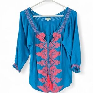 Jade Melody Tam Blue Pink Embroidered Boho Tunic Top Front Tassel Tie M